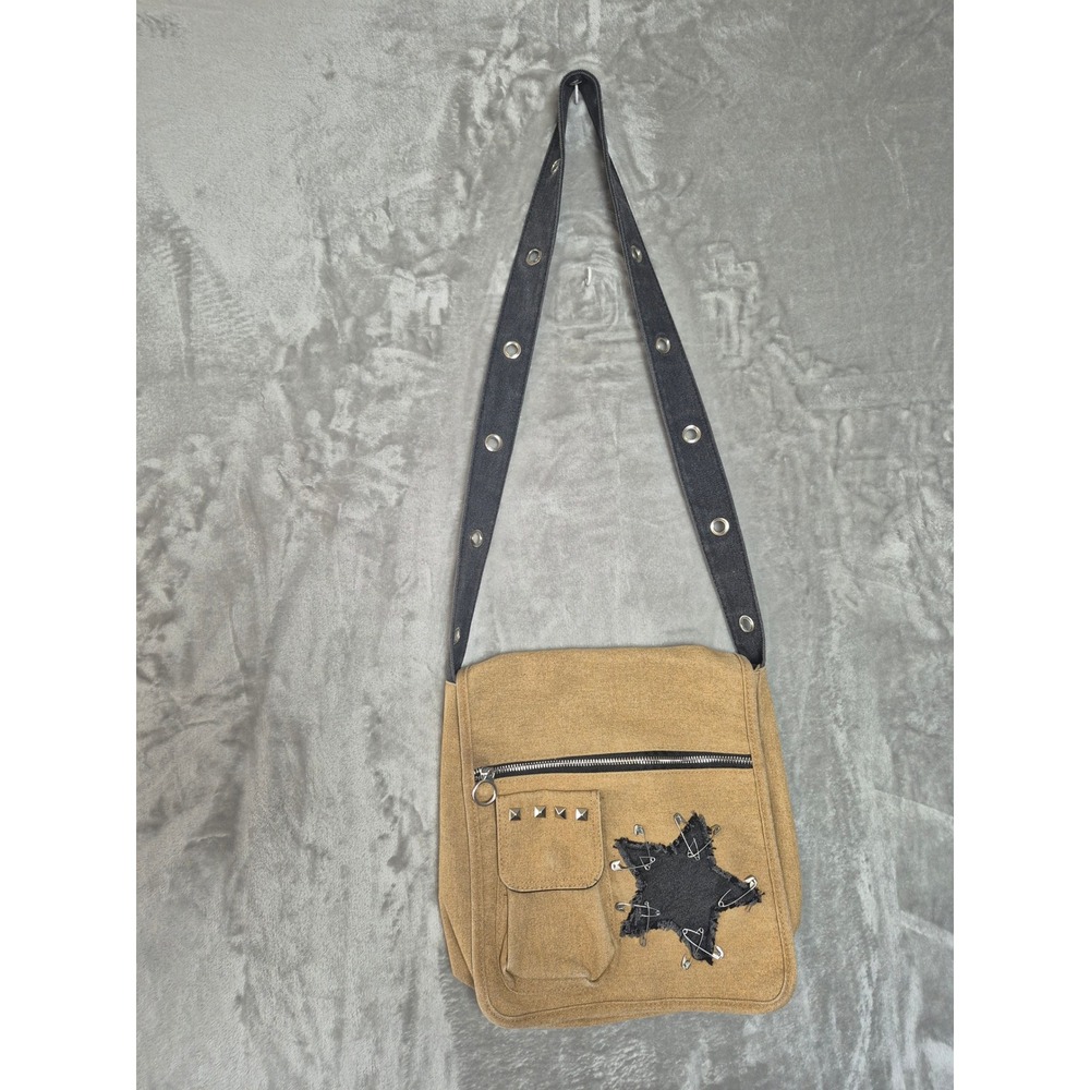 Hot Topic Tan Canvas Messenger Bag Black Star Safety Pin Studded Grommet Strap